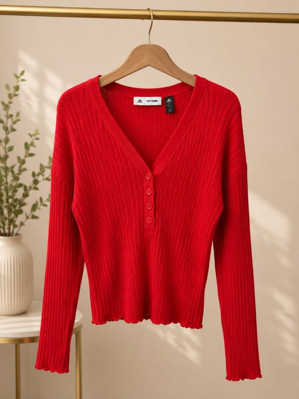Ribbed V-Neck Long Sleeve Ivy Park x Adidas Top in Bright Red